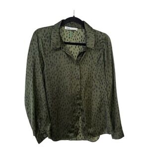 ZARA Green Black Animal Print Long Sleeve Button Up Shirt Women's Size Medium